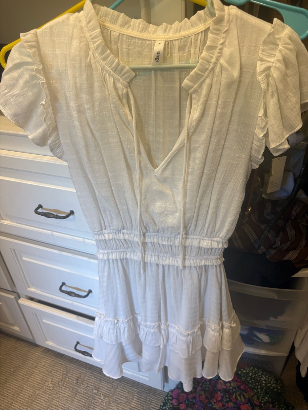 Glam Women's White Ruffled Short Sleeve Dress